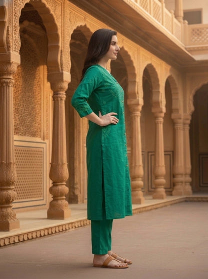 Emerald Green Solid Floral Embroidered Silk Blend A-Line Co-ord Set with Palazzo