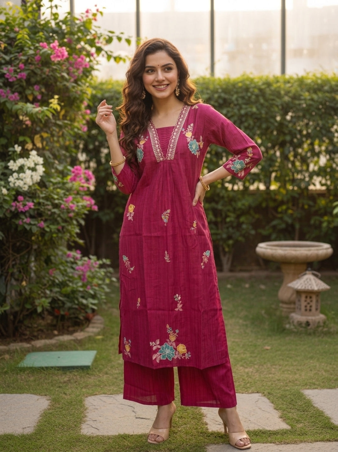 Maroon Solid Floral Embroidered Muslin Silk A-Line Pleated Kurta Set with Palazzo