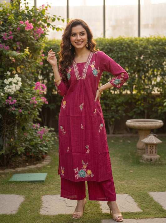 Maroon Solid Floral Embroidered Muslin Silk A-Line Pleated Kurta Set with Palazzo