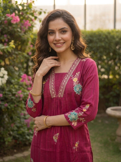 Maroon Solid Floral Embroidered Muslin Silk A-Line Pleated Kurta Set with Palazzo