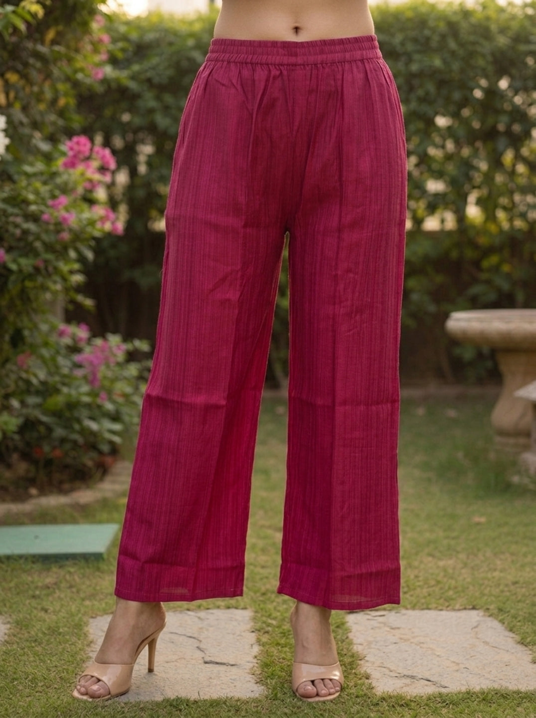 Maroon Solid Floral Embroidered Muslin Silk A-Line Pleated Kurta Set with Palazzo