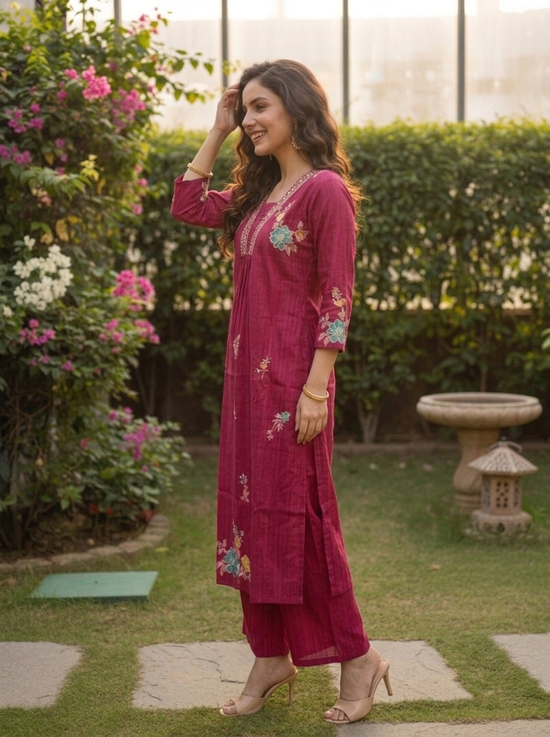 Maroon Solid Floral Embroidered Muslin Silk A-Line Pleated Kurta Set with Palazzo