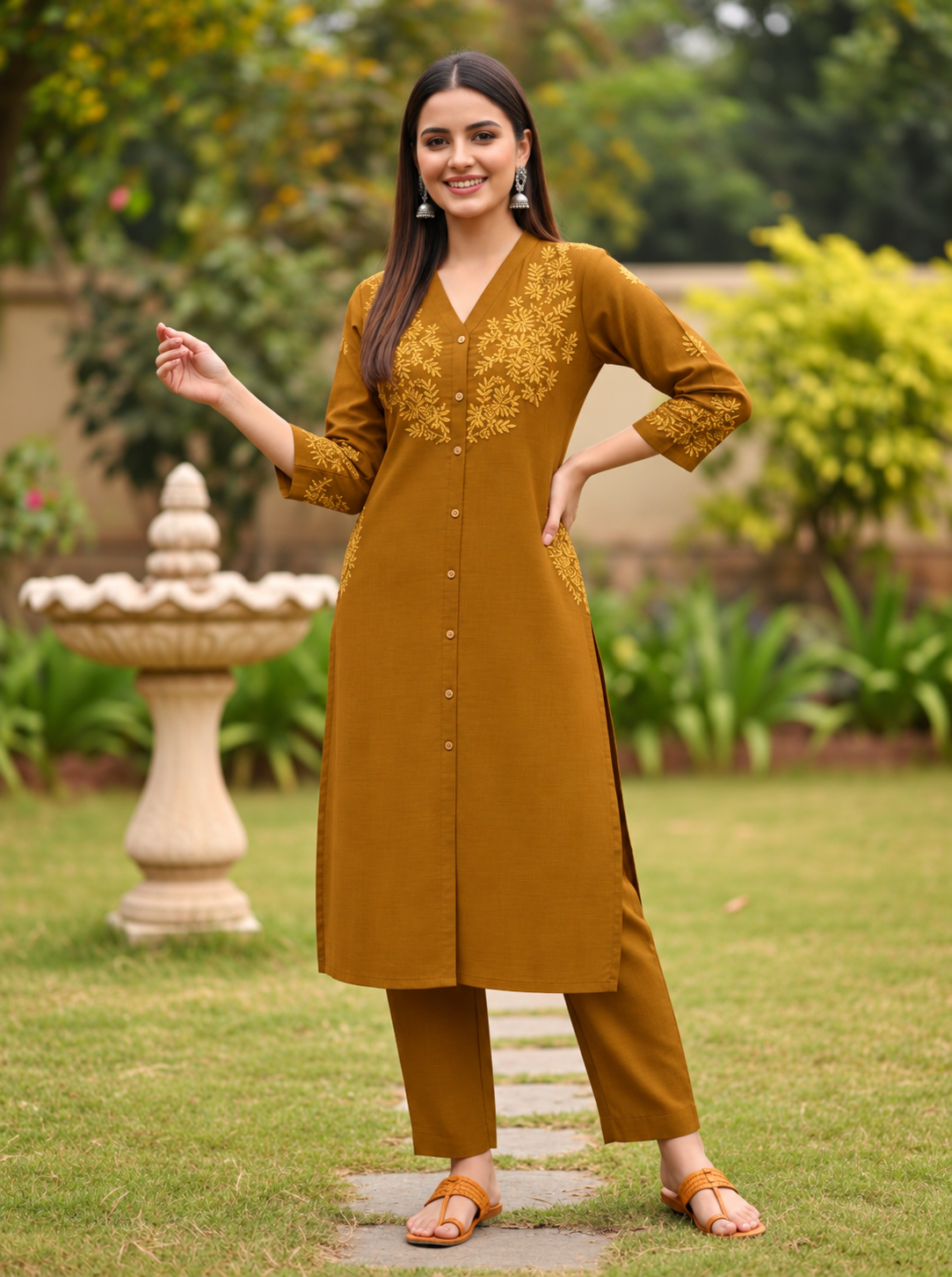 Mustard Yellow Solid Floral Embroidered Silk Blend A-Line Co-ord Set with Palazzo