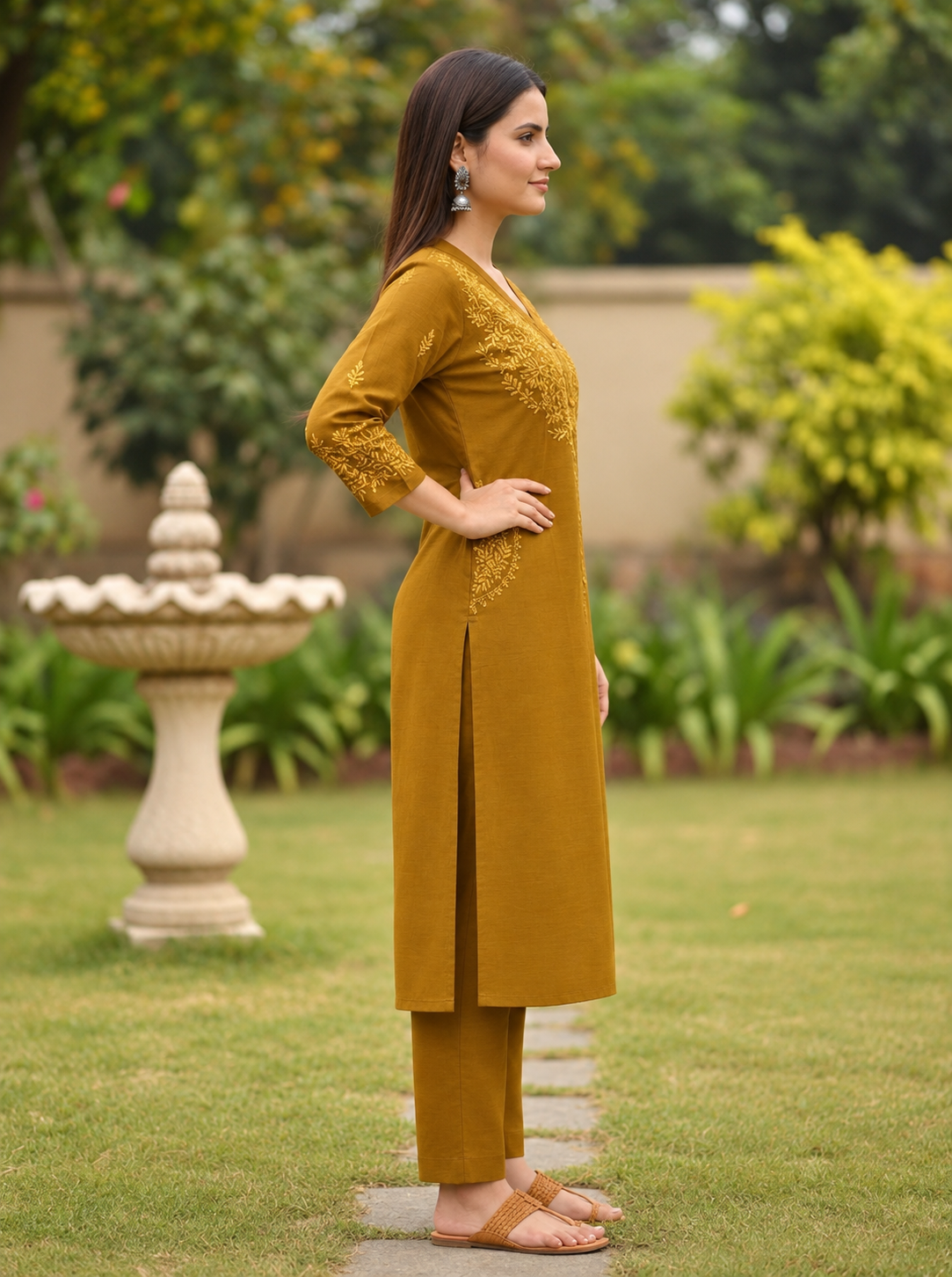 Mustard Yellow Solid Floral Embroidered Silk Blend A-Line Co-ord Set with Palazzo