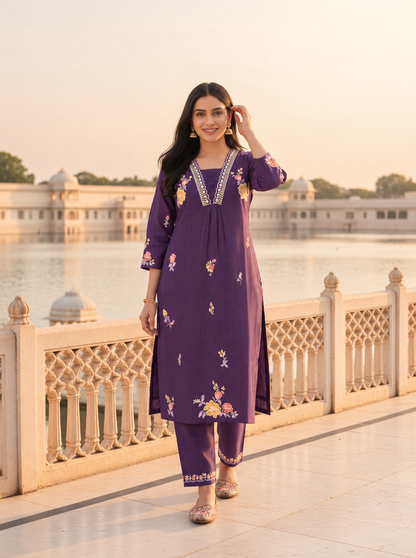 Purple Solid Floral Embroidered Muslin Silk A-Line Pleated Kurta Set with Palazzo