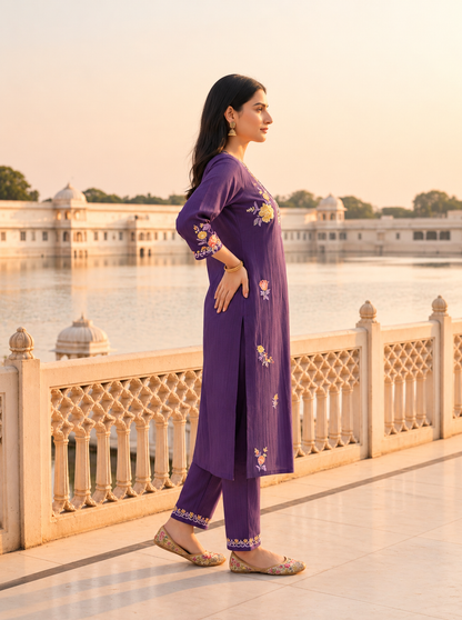 Purple Solid Floral Embroidered Muslin Silk A-Line Pleated Kurta Set with Palazzo
