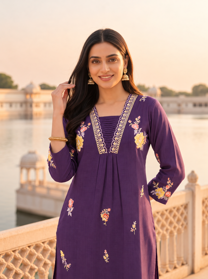 Purple Solid Floral Embroidered Muslin Silk A-Line Pleated Kurta Set with Palazzo