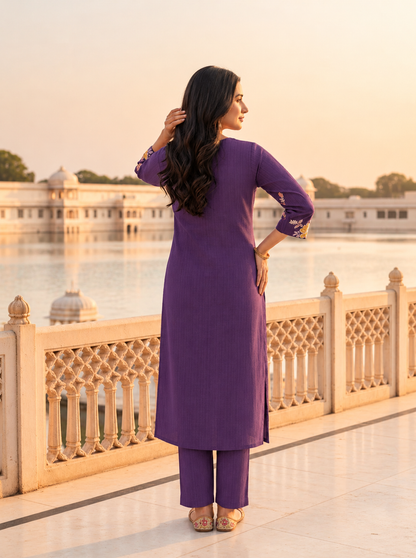 Purple Solid Floral Embroidered Muslin Silk A-Line Pleated Kurta Set with Palazzo