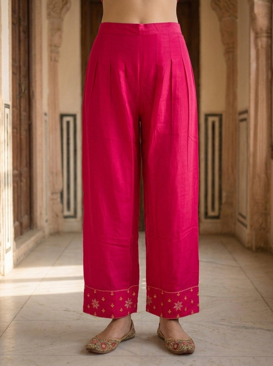 Magenta Solid Floral Hand-Embroidered Chiffon A-Line Kurta Set with Salwar and Dupatta