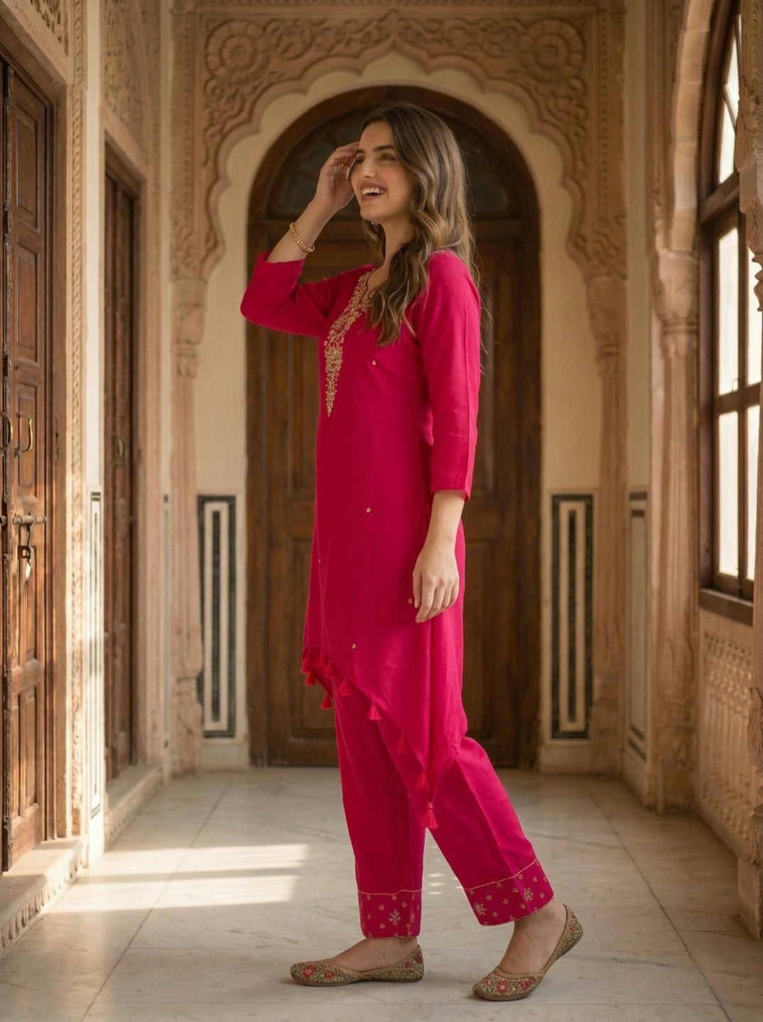 Magenta Solid Floral Hand-Embroidered Chiffon A-Line Kurta Set with Salwar and Dupatta