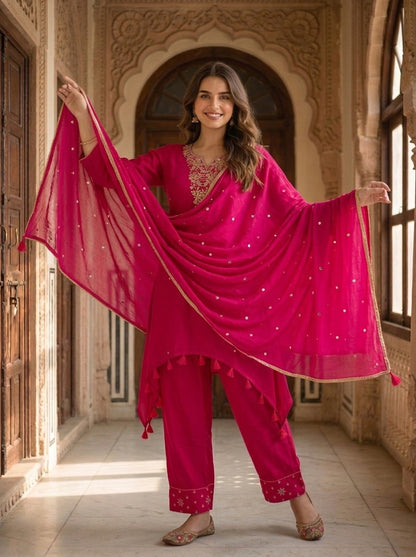 Magenta Solid Floral Hand-Embroidered Chiffon A-Line Kurta Set with Salwar and Dupatta