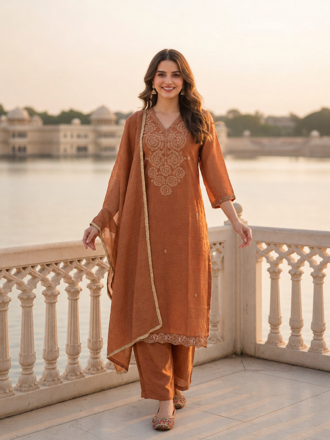 Golden beige tissue kurta set with palazzo and dupatta, front view