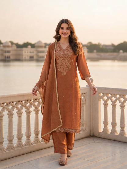 Golden beige tissue kurta set with palazzo and dupatta, front view