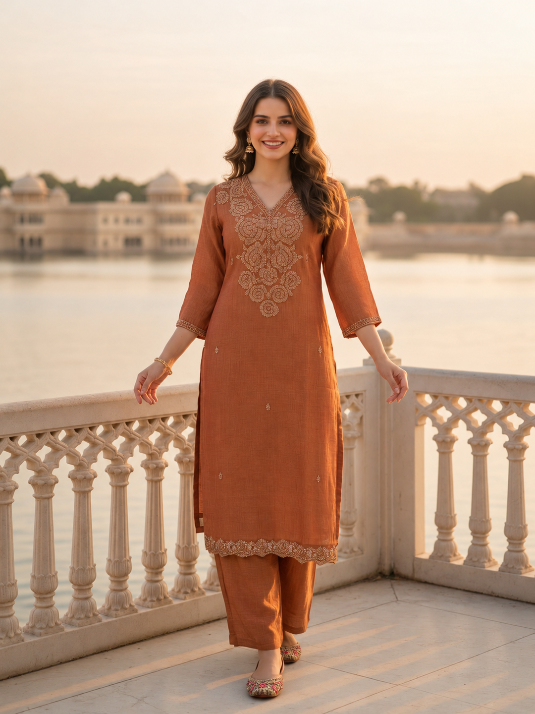 Golden beige embroidered straight kurta and matching palazzo, front view