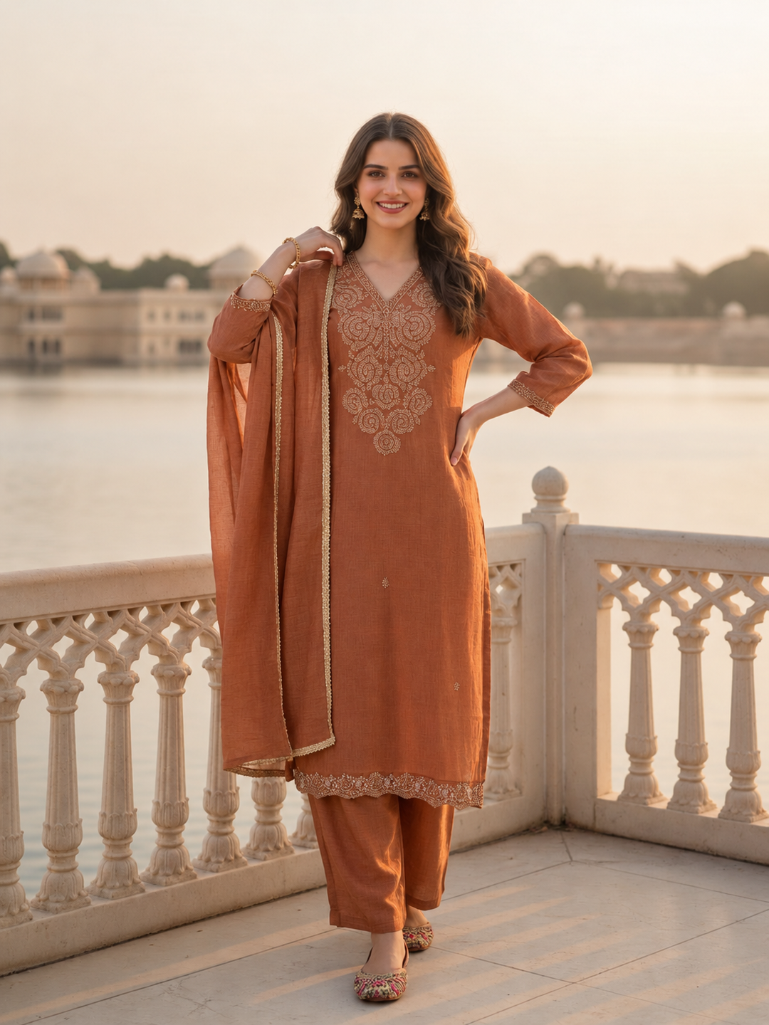 Golden beige three-piece kurta set styled with its dupatta