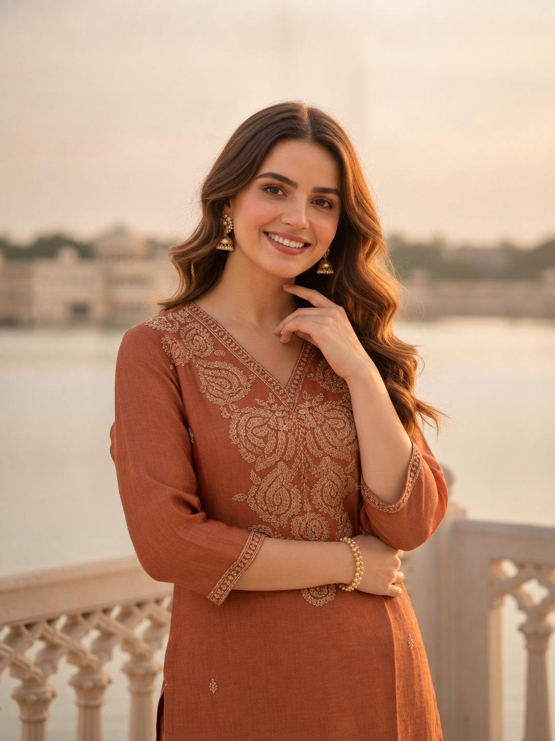Close view of the golden beige embroidered kurta