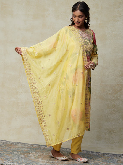 Floral Printed Sequins & Zari Embroidered Kurta with Pants & Sequins Embroidered Dupatta - Yellow