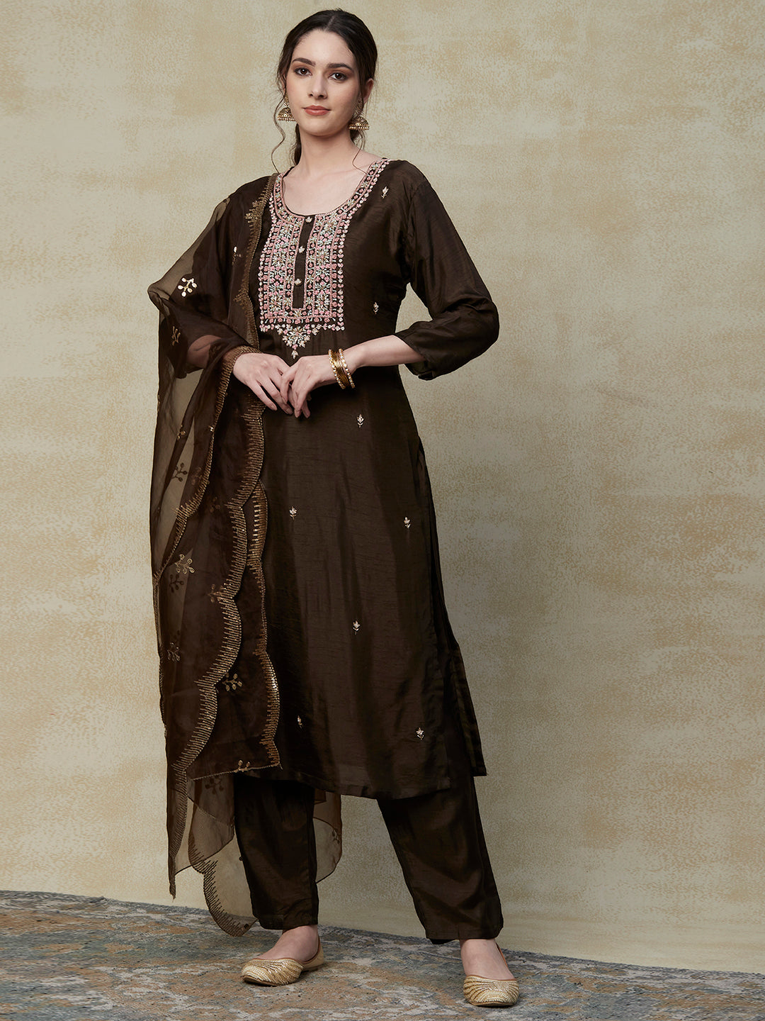 Solid Zardozi Embroidered Kurta with Pants & Sequins Embroidered Dupatta - Brown