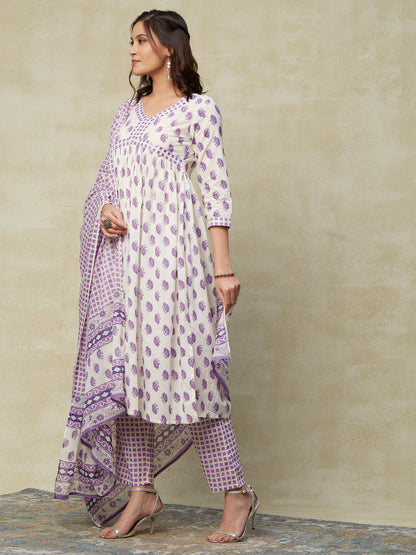 Ethnic Printed & Embroidered A-Line Kurta with Pant & Cotton Mulmul Dupatta - Off White