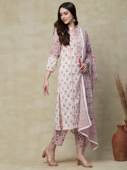 Floral Printed Mirror Embroidered Paneled Kurta with Pants & Floral Dupatta - White & Pink