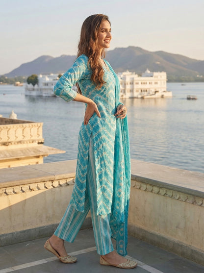Ethnic Chevron Printed & Embroidered Straight Kurta with Pant & Dupatta - Turquoise Blue