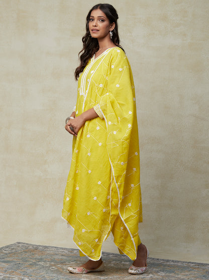 Solid Resham Embroidered Crochet Lace Kurta with Pants & Embroidered Dupatta - Yellow