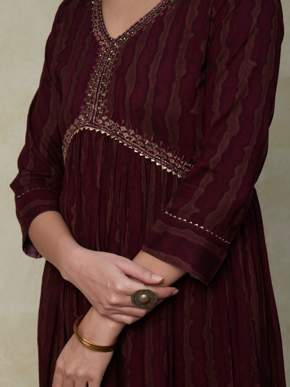 Abstract Printed Mirror & Resham Embroidered Gathered Waist Maxi Dress - Burgundy