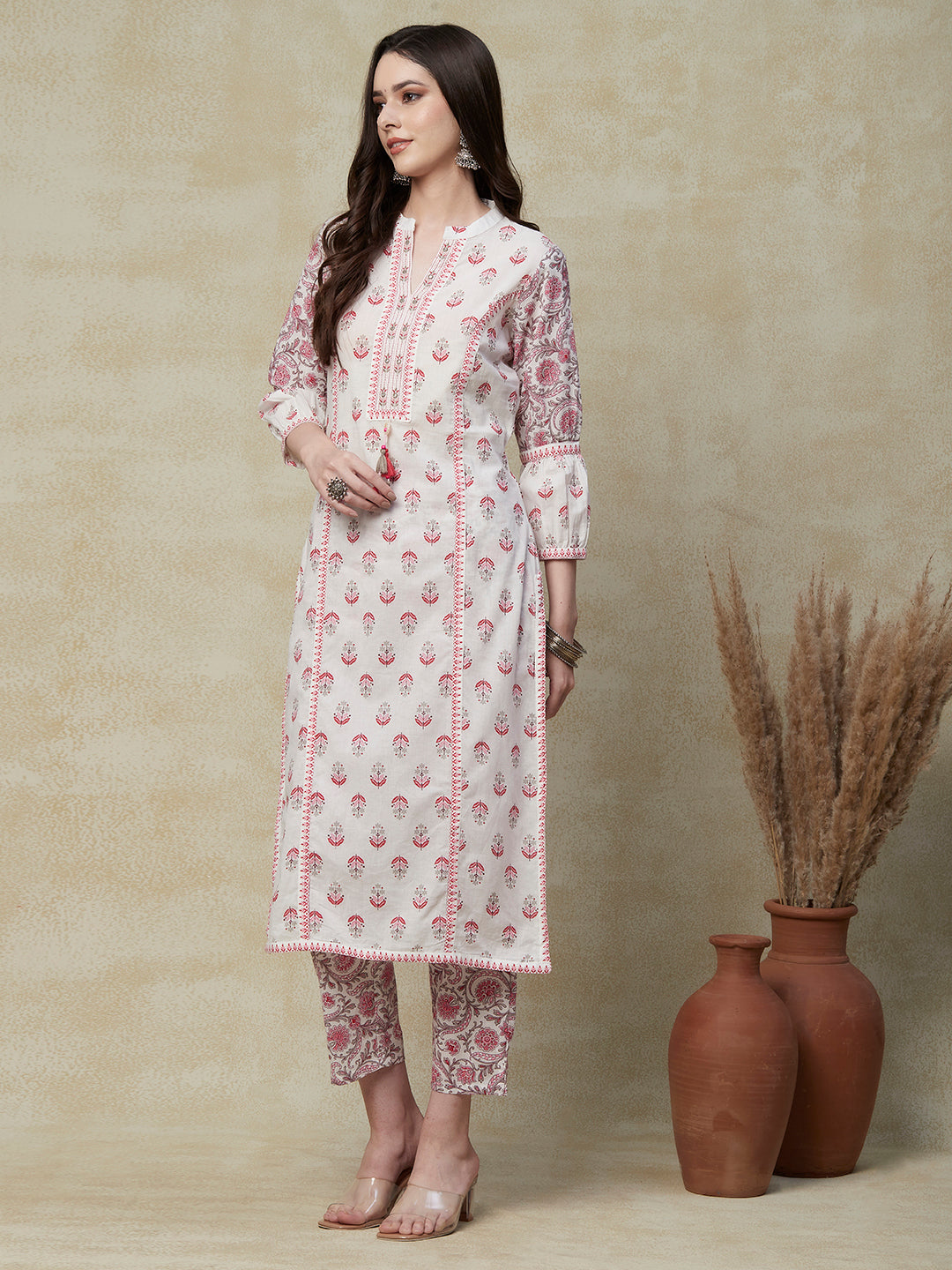 Floral Printed Mirror Embroidered Paneled Kurta with Pants & Floral Dupatta - White & Pink