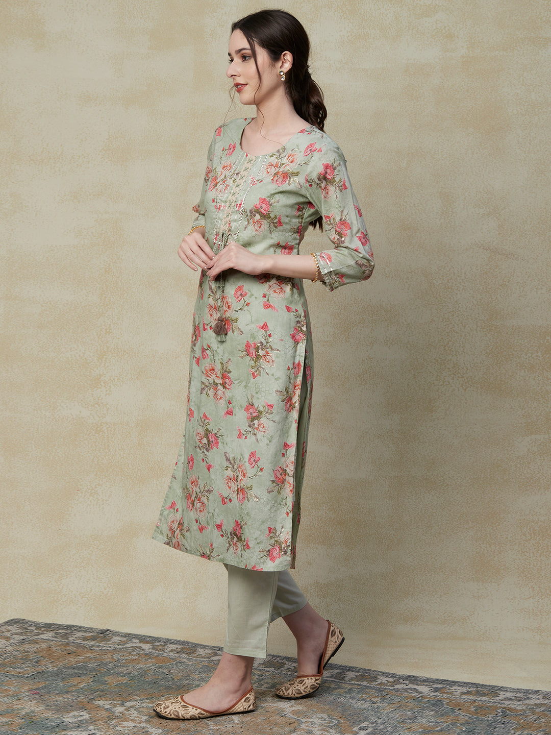 Floral Printed Crochet Lace & Gota Lace Embellished Mul-Cotton Kurta with Pants & Dupatta - Pista Green