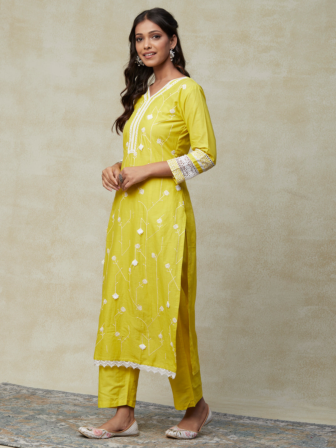 Solid Resham Embroidered Crochet Lace Kurta with Pants & Embroidered Dupatta - Yellow