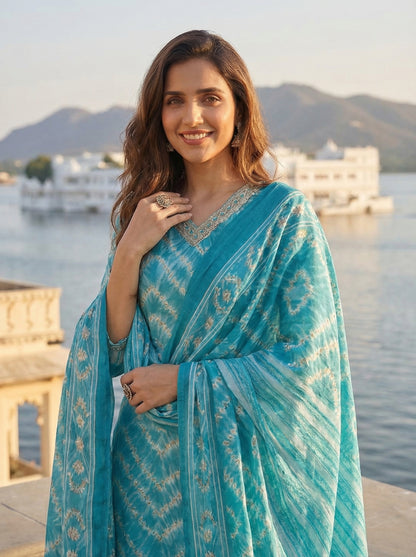 Ethnic Chevron Printed & Embroidered Straight Kurta with Pant & Dupatta - Turquoise Blue