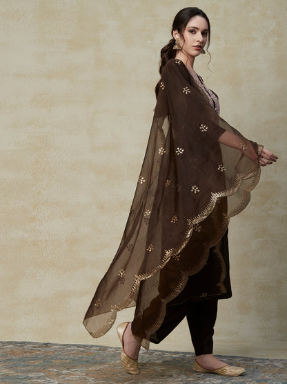 Solid Zardozi Embroidered Kurta with Pants & Sequins Embroidered Dupatta - Brown