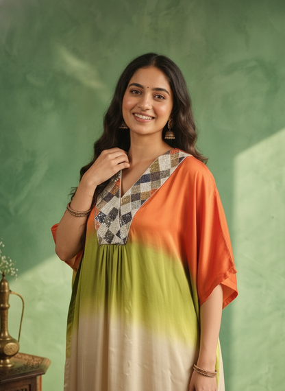 Ombre Printed Kaftan Kurta with Pants – Orange, Green &amp; Beige
