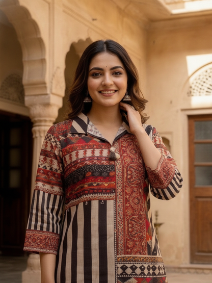 Multi Ethnic Floral Print Modal Silk A-Line Co-ord Set with Sequins, Shirt Collar & Multi Silk Blend Palazzo