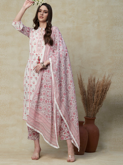 Floral Printed Mirror Embroidered Paneled Kurta with Pants & Floral Dupatta - White & Pink