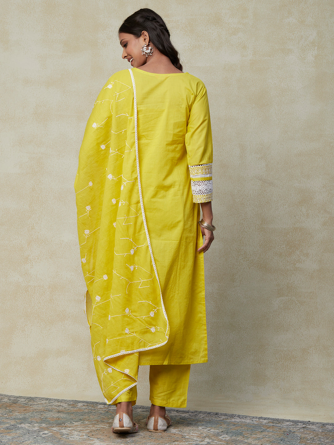 Solid Resham Embroidered Crochet Lace Kurta with Pants & Embroidered Dupatta - Yellow