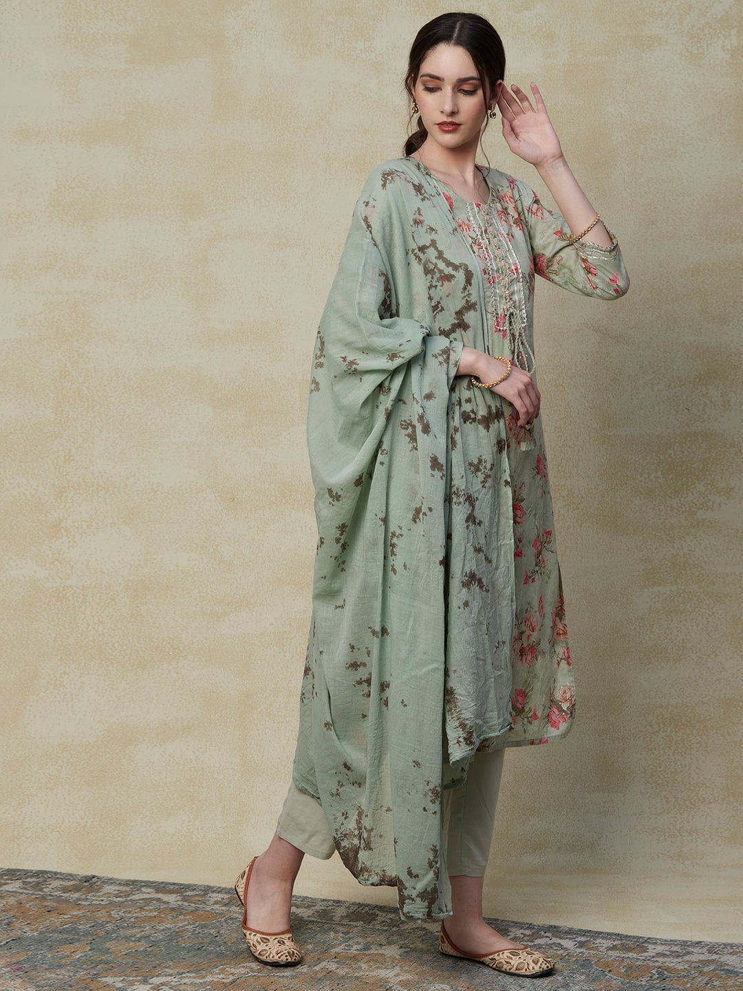 Floral Printed Crochet Lace & Gota Lace Embellished Mul-Cotton Kurta with Pants & Dupatta - Pista Green