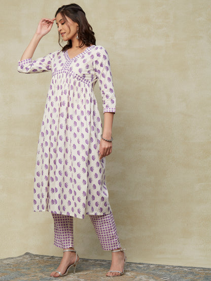 Ethnic Printed & Embroidered A-Line Kurta with Pant & Cotton Mulmul Dupatta - Off White