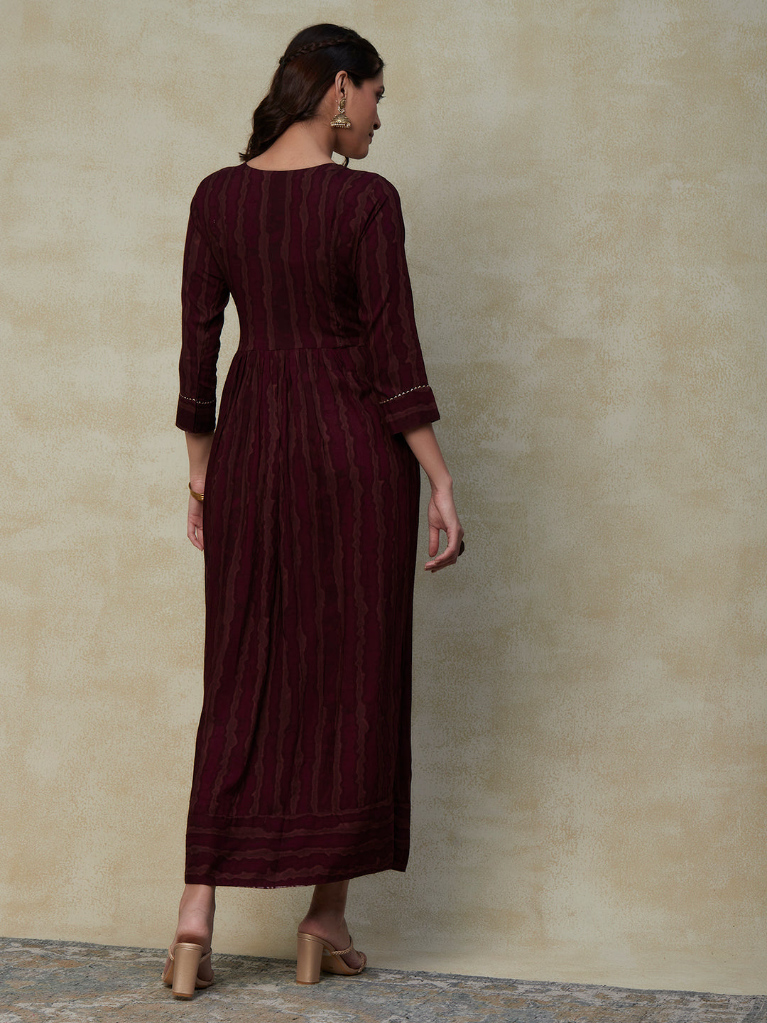 Abstract Printed Mirror & Resham Embroidered Gathered Waist Maxi Dress - Burgundy