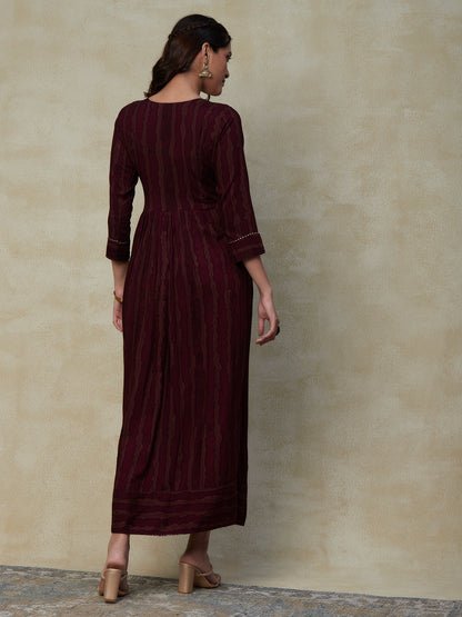 Abstract Printed Mirror & Resham Embroidered Gathered Waist Maxi Dress - Burgundy