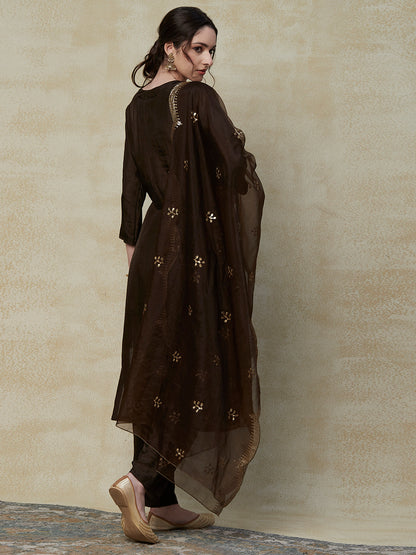 Solid Zardozi Embroidered Kurta with Pants & Sequins Embroidered Dupatta - Brown