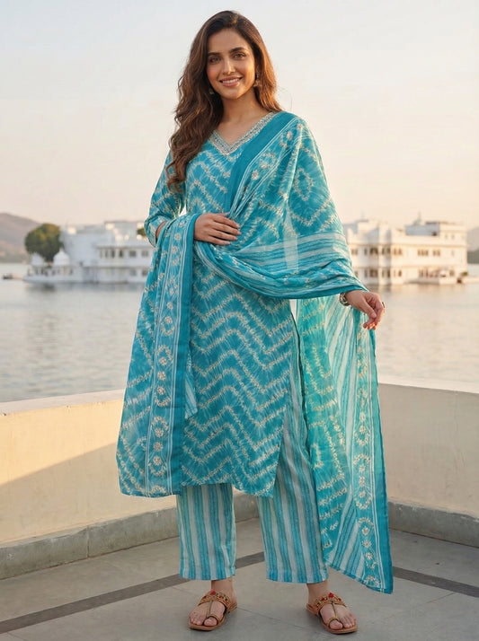 Ethnic Chevron Printed & Embroidered Straight Kurta with Pant & Dupatta - Turquoise Blue