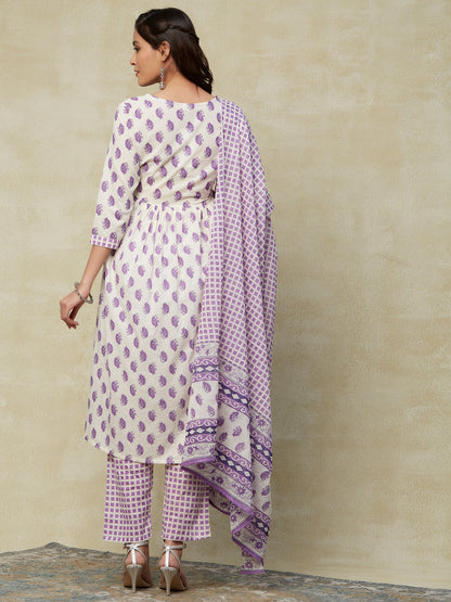 Ethnic Printed & Embroidered A-Line Kurta with Pant & Cotton Mulmul Dupatta - Off White