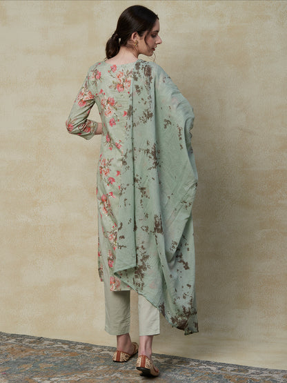 Floral Printed Crochet Lace & Gota Lace Embellished Mul-Cotton Kurta with Pants & Dupatta - Pista Green