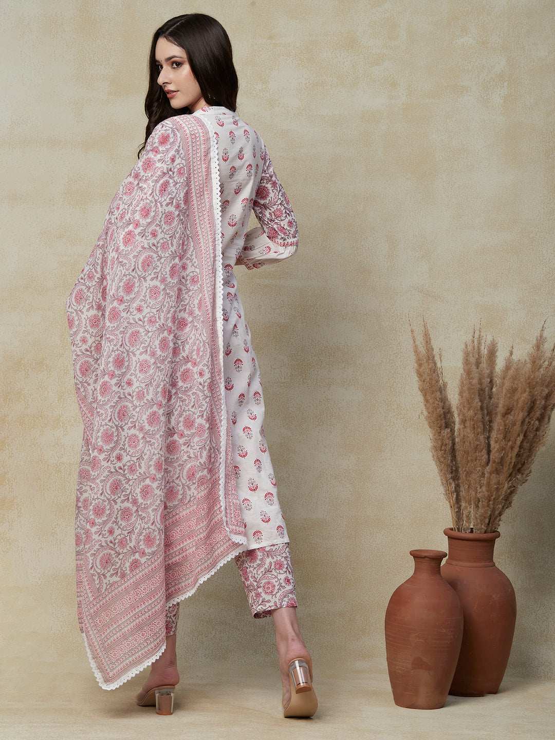 Floral Printed Mirror Embroidered Paneled Kurta with Pants & Floral Dupatta - White & Pink