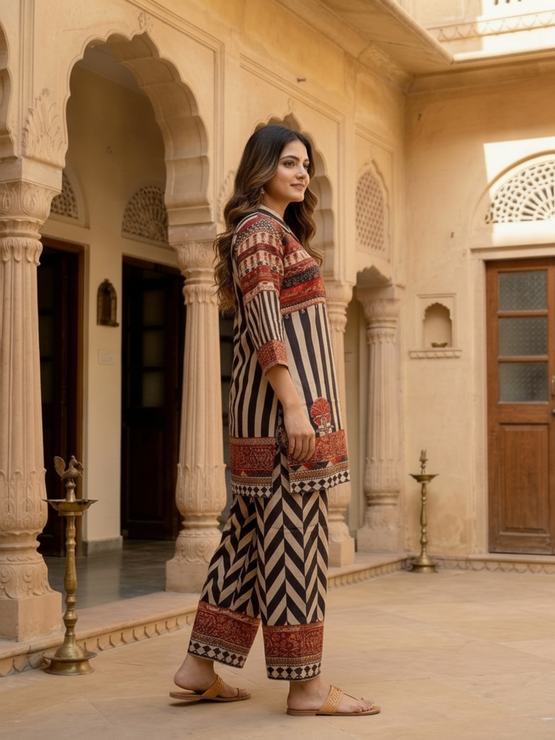 Multi Ethnic Floral Print Modal Silk A-Line Co-ord Set with Sequins, Shirt Collar & Multi Silk Blend Palazzo