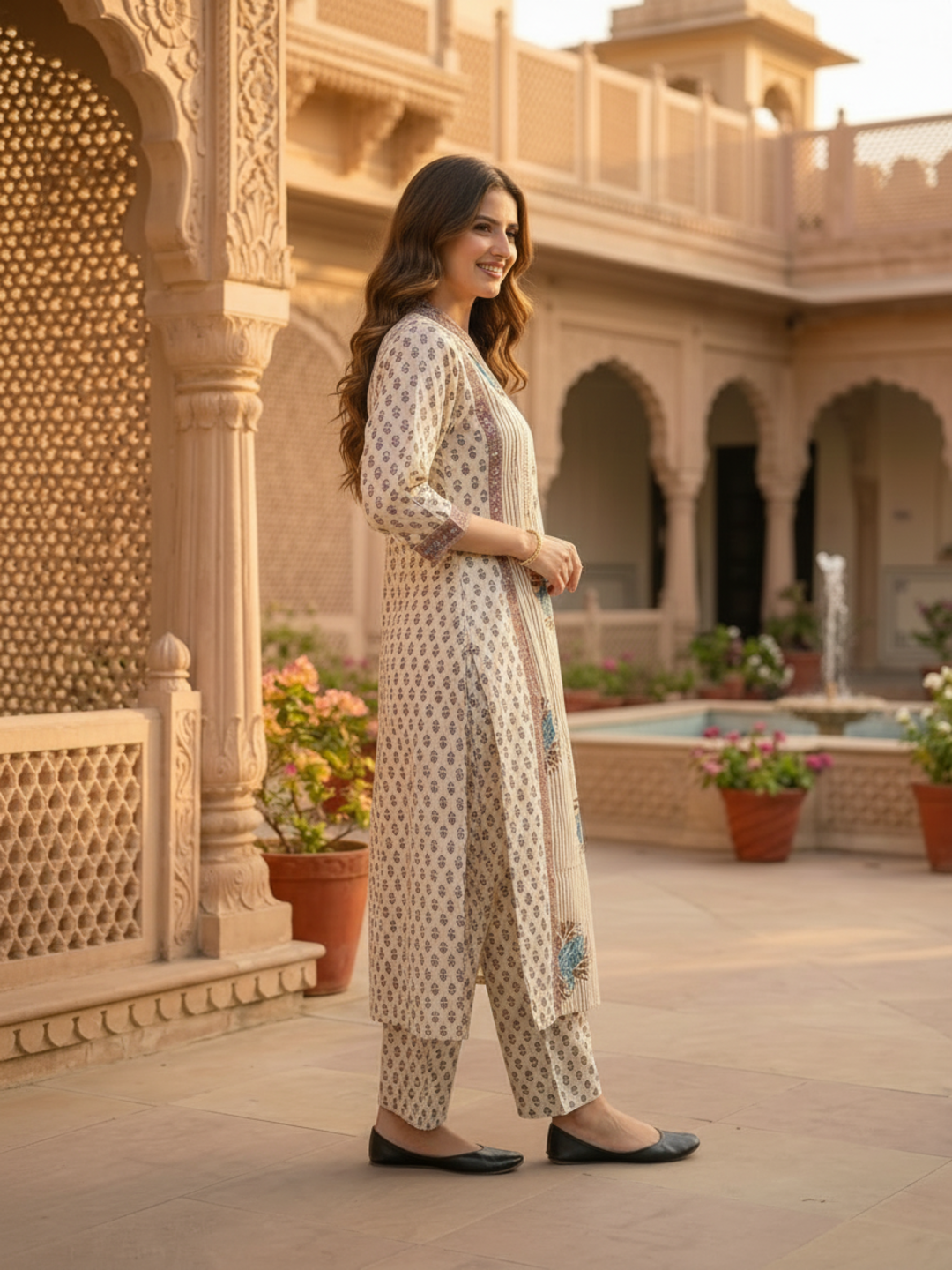 Beige Ethnic Floral Printed Cotton A-Line Kurta Set with Sequin & Embroidery, Shawl Collar, Palazzo & Printed Pure Cotton Dupatta