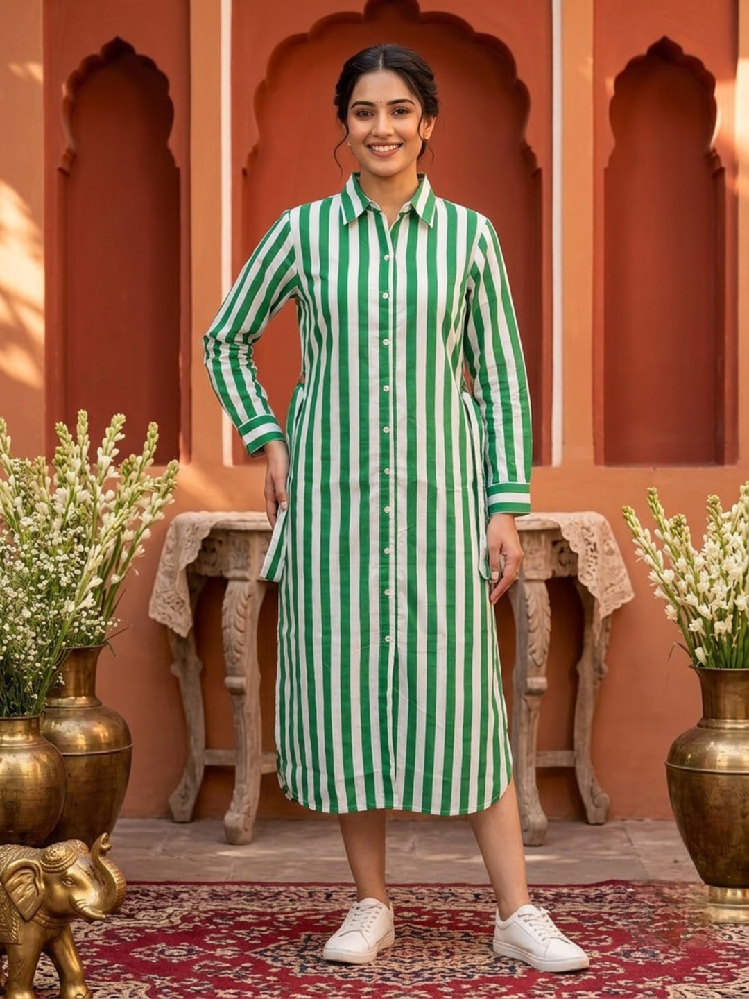 Green & White Striped Cotton Blend Straight Kurta with Shirt Collar & Side Tie-Up
