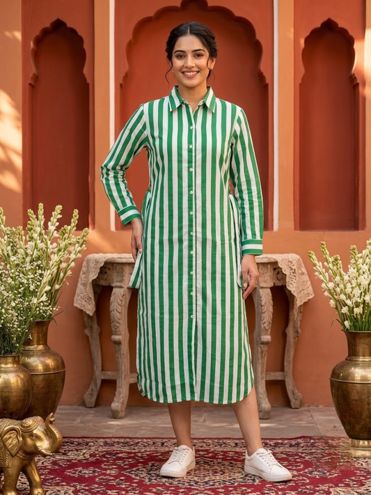 Green & White Striped Cotton Blend Straight Kurta with Shirt Collar & Side Tie-Up