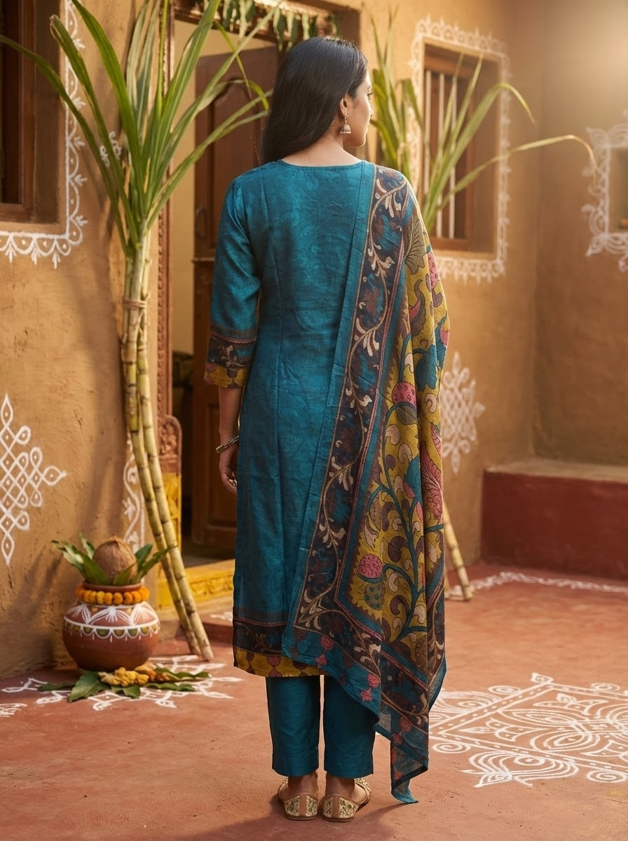 Solid Kalamkari Printed Straight Kurta with Pant & Dupatta - Blue